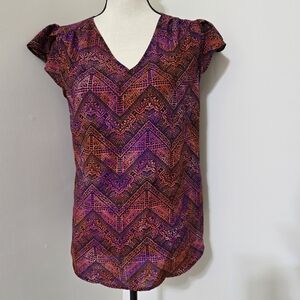 JAPNA Cap Sleeve Southwestern‎ Boho Geometric Chevron V Neck Top L Red Purple